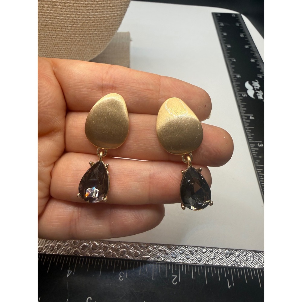 Gold Tone Brushed Matte Teardrop Earrings Smoky Grey Crystal Pear Drop Post Back